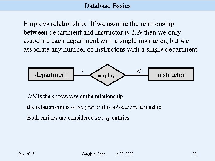 Database Basics Employs relationship: If we assume the relationship between department and instructor is