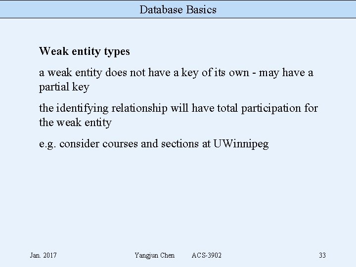 Database Basics Weak entity types a weak entity does not have a key of