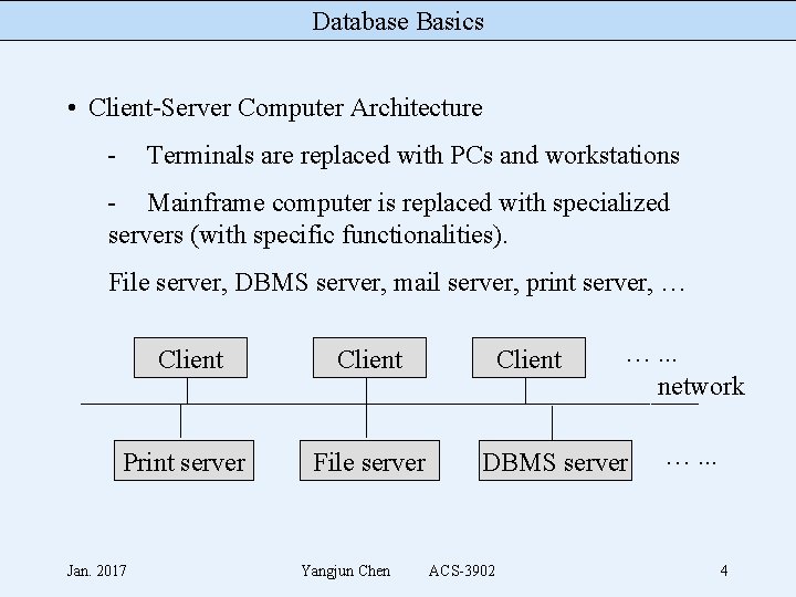 Database Basics • Client-Server Computer Architecture - Terminals are replaced with PCs and workstations