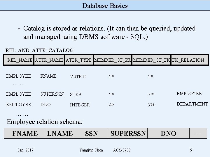 Database Basics - Catalog is stored as relations. (It can then be queried, updated