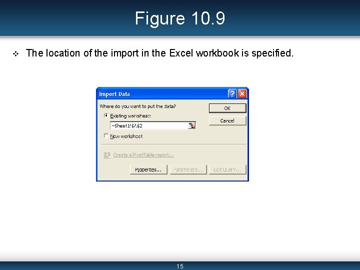 Figure 10. 9 v The location of the import in the Excel workbook is