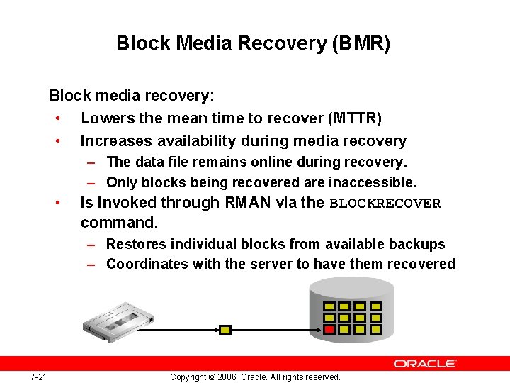 Block Media Recovery (BMR) Block media recovery: • Lowers the mean time to recover