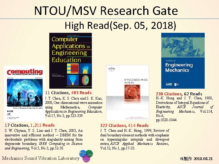 NTOU/MSV Research Gate High Read(Sep. 05, 2018) 11 Citations, 403 Reads J. T. Chen,