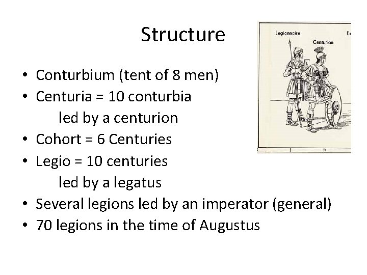 Structure • Conturbium (tent of 8 men) • Centuria = 10 conturbia led by