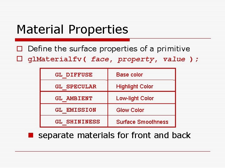Material Properties o Define the surface properties of a primitive o gl. Materialfv( face,
