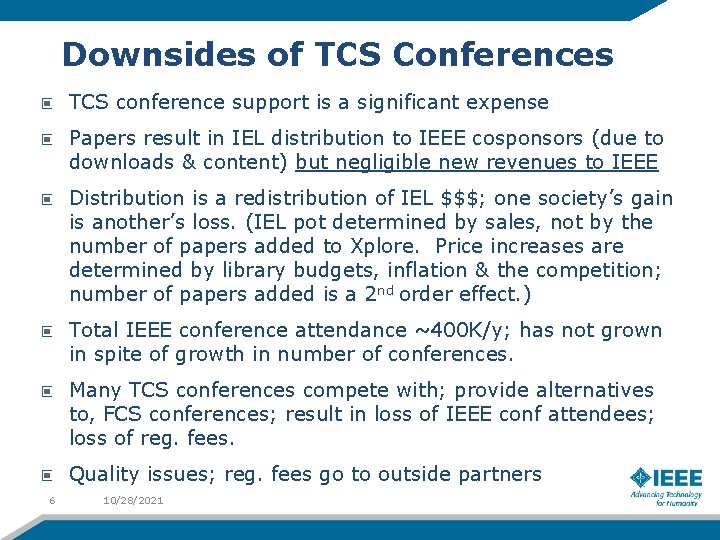 Downsides of TCS Conferences TCS conference support is a significant expense Papers result in