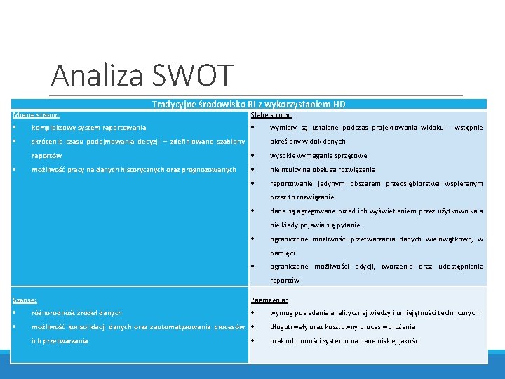 Analiza SWOT Mocne strony: Tradycyjne środowisko BI z wykorzystaniem HD kompleksowy system raportowania skrócenie