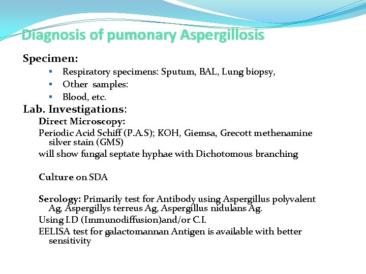 Diagnosis of pumonary Aspergillosis Specimen: § § § Respiratory specimens: Sputum, BAL, Lung biopsy,