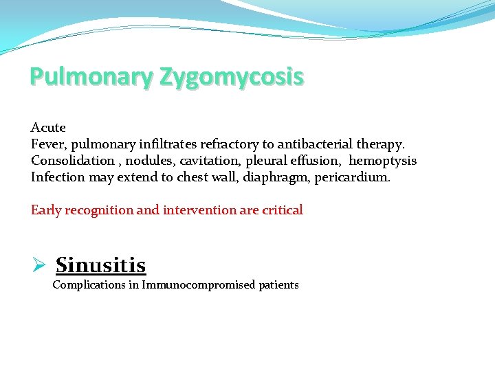 Pulmonary Zygomycosis Acute Fever, pulmonary infiltrates refractory to antibacterial therapy. Consolidation , nodules, cavitation,