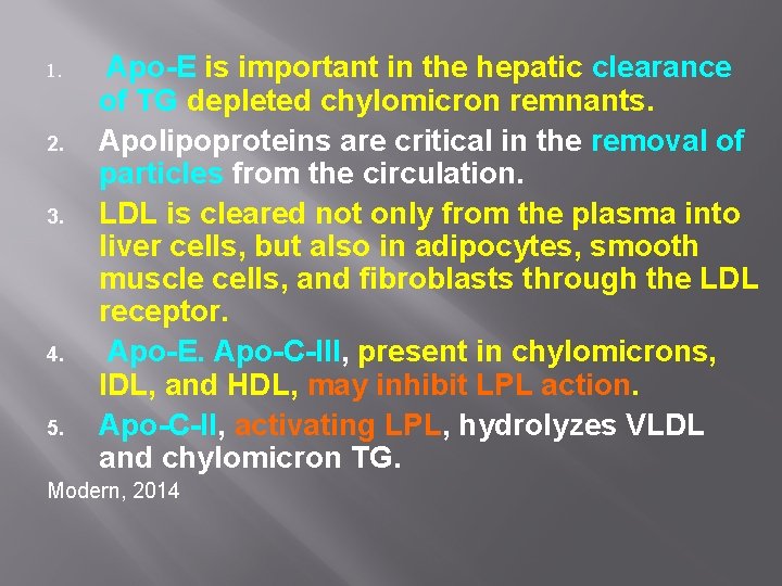 1. 2. 3. 4. 5. Apo-E is important in the hepatic clearance of TG