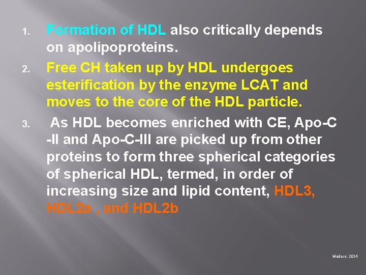 1. 2. 3. Formation of HDL also critically depends on apolipoproteins. Free CH taken