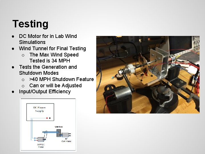 Testing ● DC Motor for in Lab Wind Simulations ● Wind Tunnel for Final