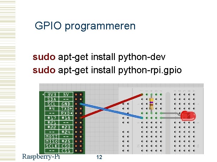 GPIO programmeren sudo apt-get install python-dev sudo apt-get install python-rpi. gpio Raspberry-Pi 12 