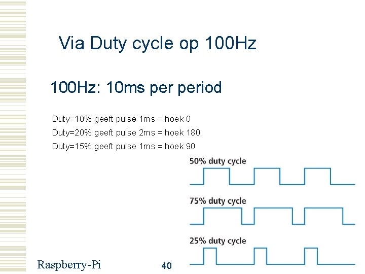 Via Duty cycle op 100 Hz: 10 ms period Duty=10% geeft pulse 1 ms