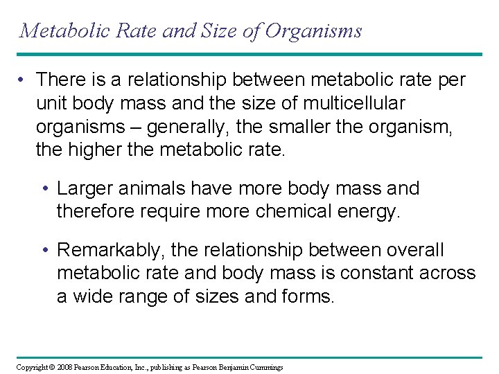 Metabolic Rate and Size of Organisms • There is a relationship between metabolic rate
