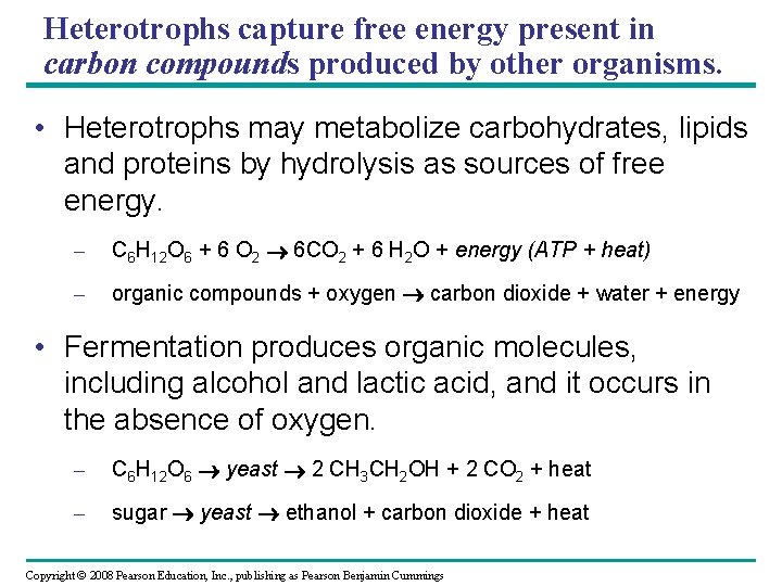 Heterotrophs capture free energy present in carbon compounds produced by other organisms. • Heterotrophs