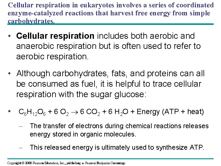 Cellular respiration in eukaryotes involves a series of coordinated enzyme-catalyzed reactions that harvest free