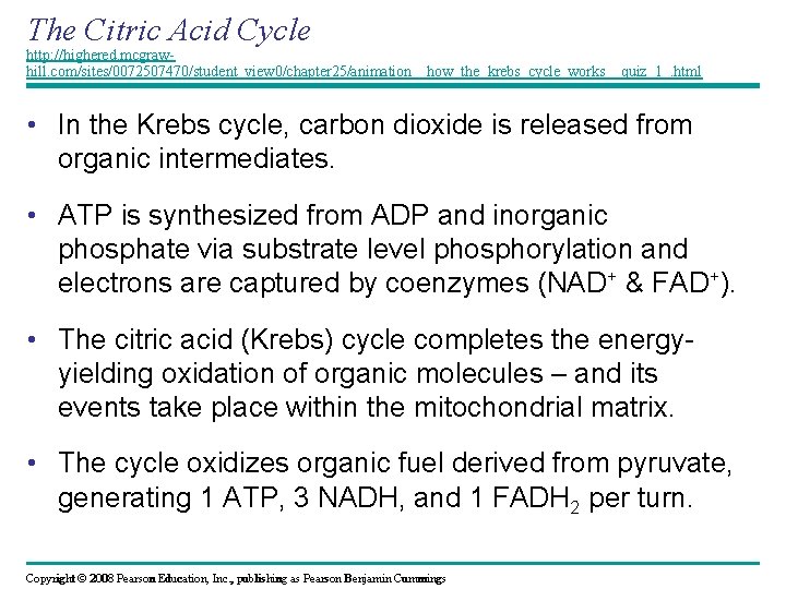 The Citric Acid Cycle http: //highered. mcgrawhill. com/sites/0072507470/student_view 0/chapter 25/animation__how_the_krebs_cycle_works__quiz_1_. html • In the