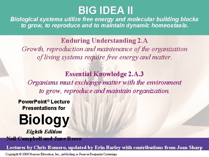 BIG IDEA II Biological systems utilize free energy and molecular building blocks to grow,