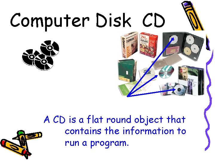 Computer Disk CD A CD is a flat round object that contains the information