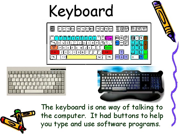 Keyboard The keyboard is one way of talking to the computer. It had buttons