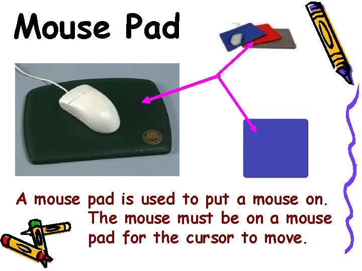 Mouse Pad A mouse pad is used to put a mouse on. The mouse