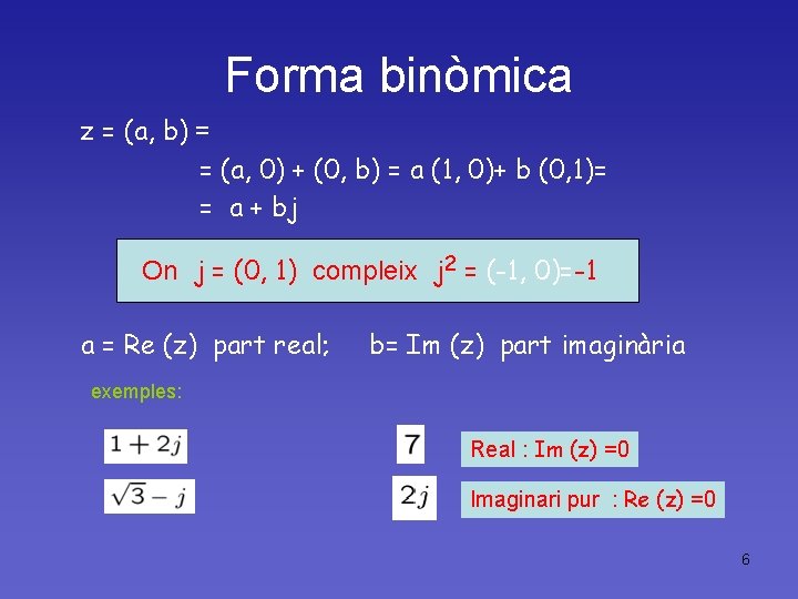 Forma binòmica z = (a, b) = = (a, 0) + (0, b) =
