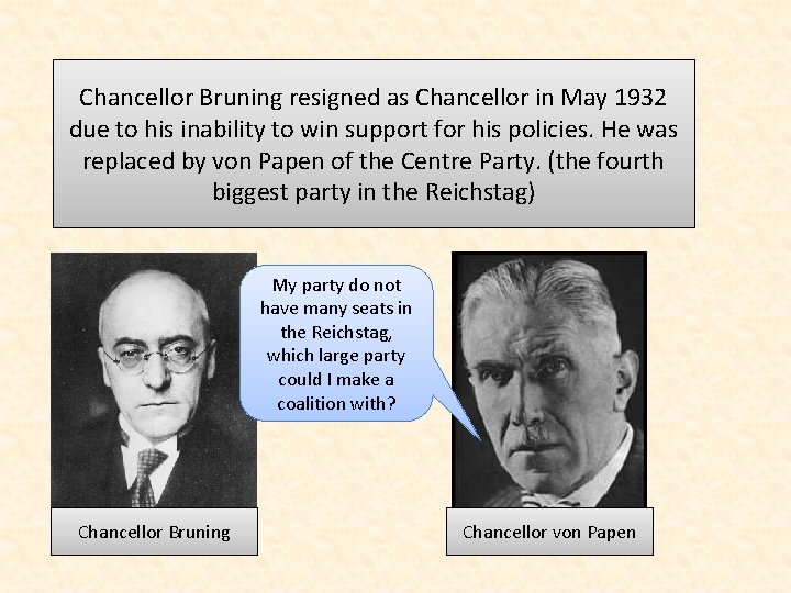 Chancellor Bruning resigned as Chancellor in May 1932 due to his inability to win