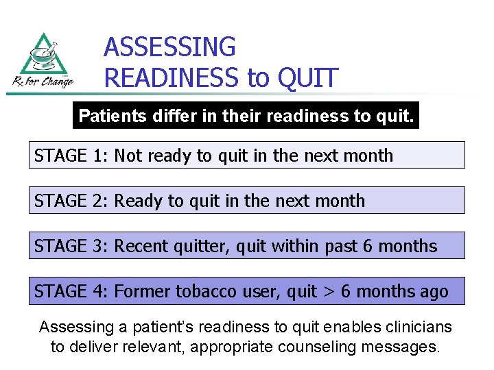 ASSESSING READINESS to QUIT Patients differ in their readiness to quit. STAGE 1: Not