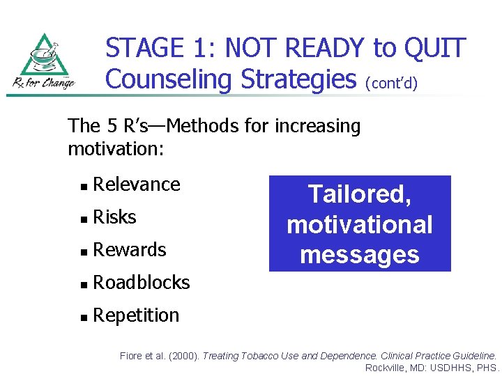 STAGE 1: NOT READY to QUIT Counseling Strategies (cont’d) The 5 R’s—Methods for increasing