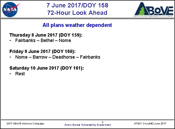 7 June 2017/DOY 158 72 -Hour Look Ahead CARVE All plans weather dependent Thursday