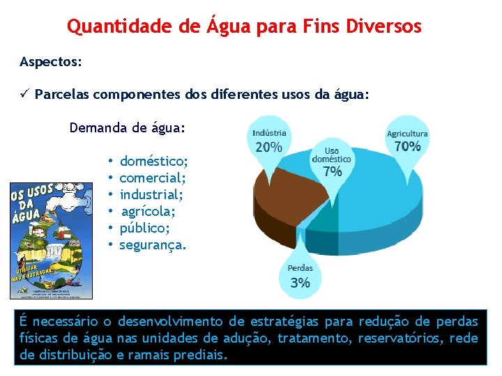 Quantidade de Água para Fins Diversos Aspectos: ü Parcelas componentes dos diferentes usos da