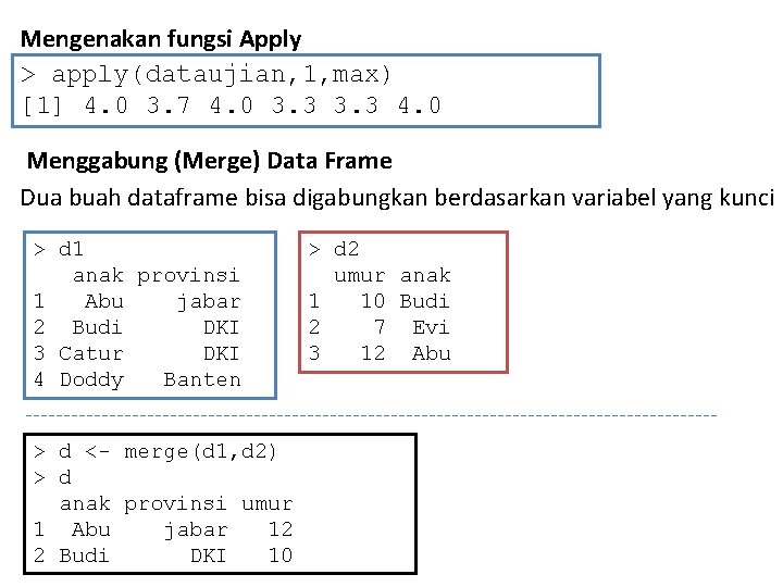 Mengenakan fungsi Apply > apply(dataujian, 1, max) [1] 4. 0 3. 7 4. 0