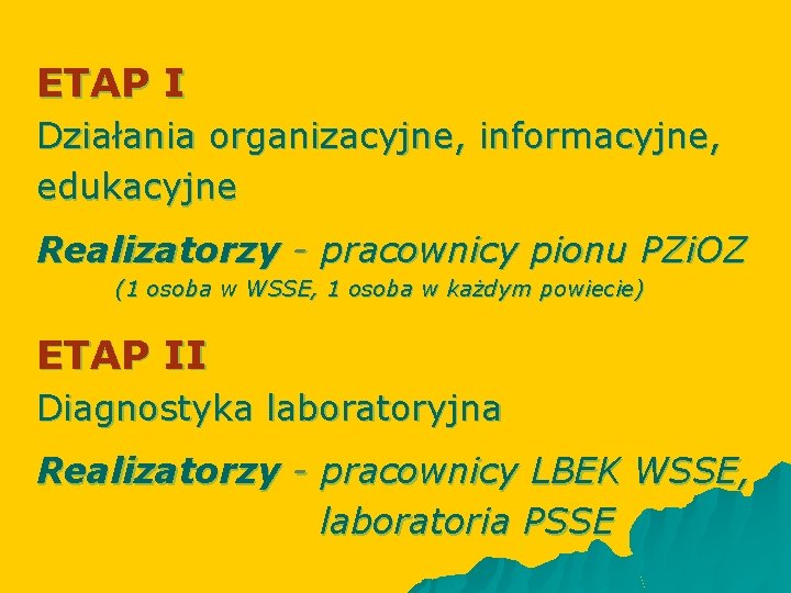 ETAP I Działania organizacyjne, informacyjne, edukacyjne Realizatorzy - pracownicy pionu PZi. OZ (1 osoba