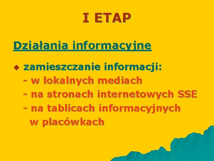 I ETAP Działania informacyjne u zamieszczanie informacji: - w lokalnych mediach - na stronach