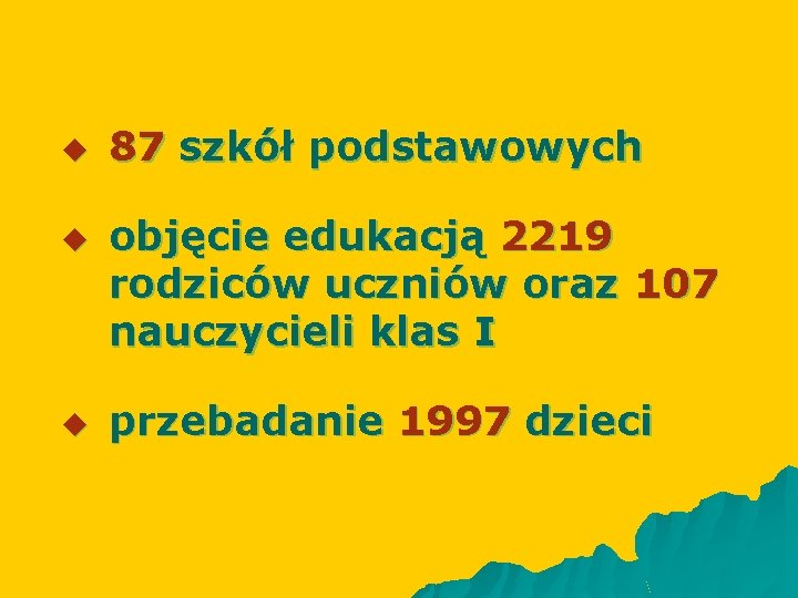 u u u 87 szkół podstawowych objęcie edukacją 2219 rodziców uczniów oraz 107 nauczycieli