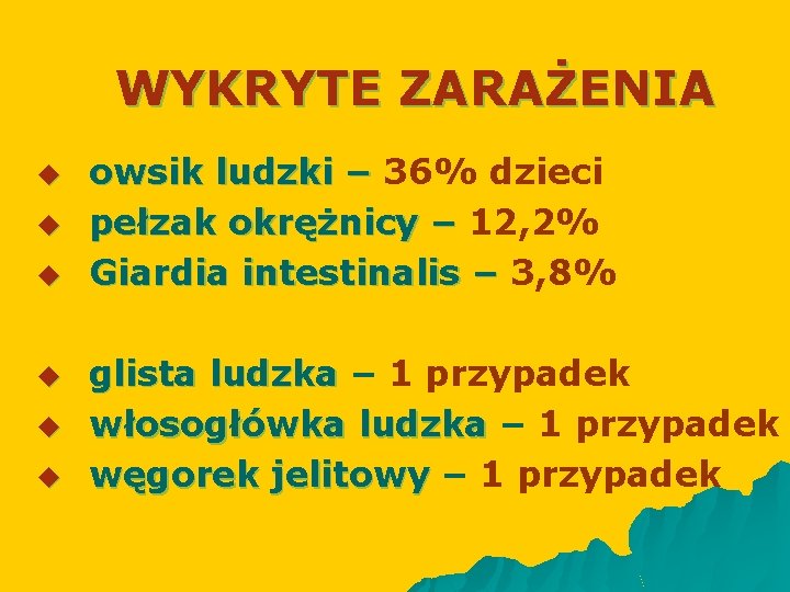 WYKRYTE ZARAŻENIA u u u owsik ludzki – 36% dzieci pełzak okrężnicy – 12,