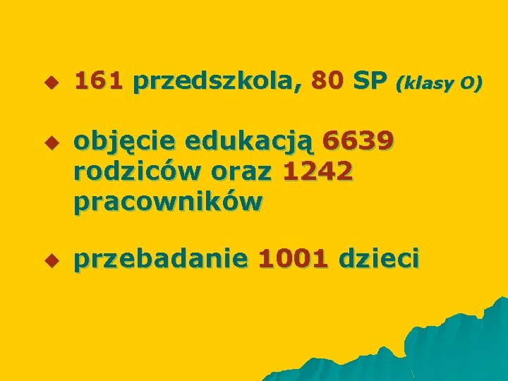 u u u 161 przedszkola, 80 SP (klasy O) objęcie edukacją 6639 rodziców oraz