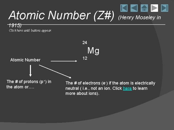 Atomic Number (Z#) (Henry Moseley in 1915) Click here until buttons appear. 24 Mg