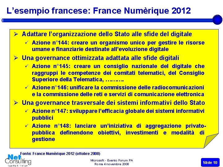 L’esempio francese: France Numèrique 2012 Ø Adattare l’organizzazione dello Stato alle sfide del digitale