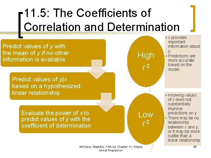 11. 5: The Coefficients of Correlation and Determination Predict values of y with the