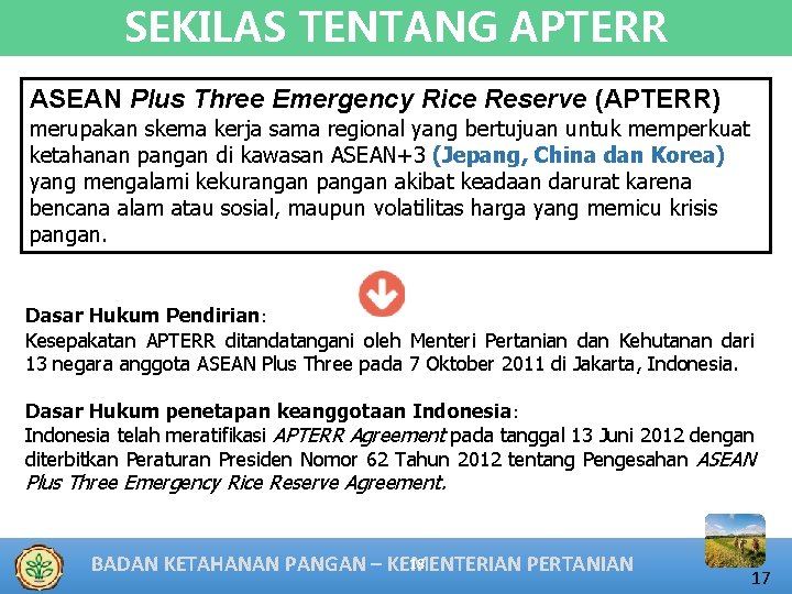 SEKILAS TENTANG APTERR ASEAN Plus Three Emergency Rice Reserve (APTERR) merupakan skema kerja sama