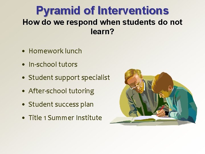 Pyramid of Interventions How do we respond when students do not learn? • Homework