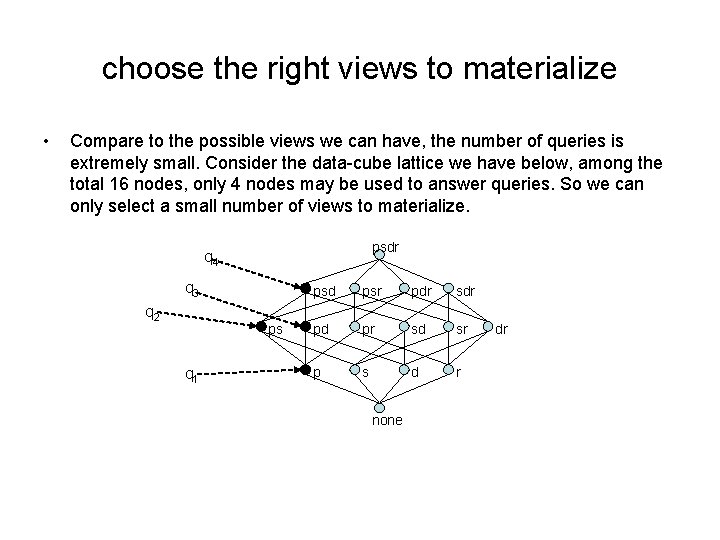choose the right views to materialize • Compare to the possible views we can choose the right views to materialize • Compare to the possible views we can