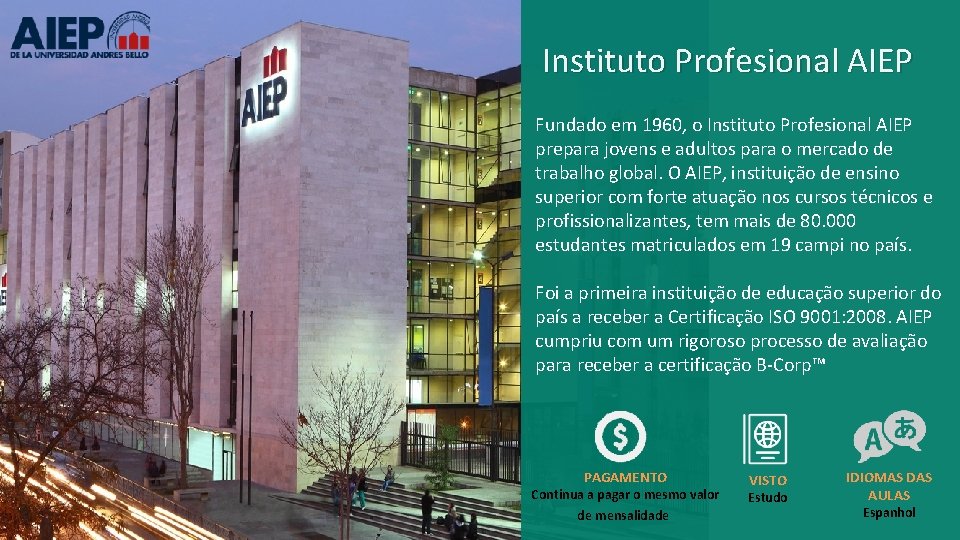 Instituto Profesional AIEP Fundado em 1960, o Instituto Profesional AIEP prepara jovens e adultos