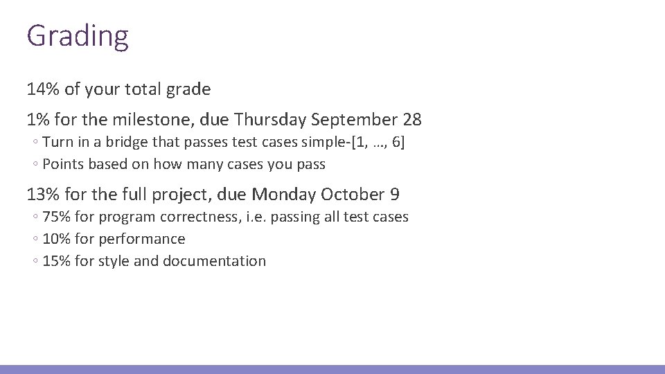 Grading 14% of your total grade 1% for the milestone, due Thursday September 28