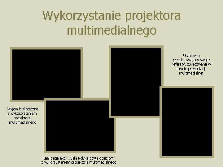 Wykorzystanie projektora multimedialnego Uczniowie przedstawiający swoje referaty, opracowane w formie prezentacji multimedialnej Zajęcia biblioteczne