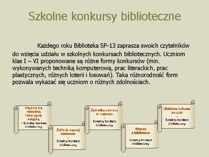 Szkolne konkursy biblioteczne Każdego roku Biblioteka SP-13 zaprasza swoich czytelników do wzięcia udziału w