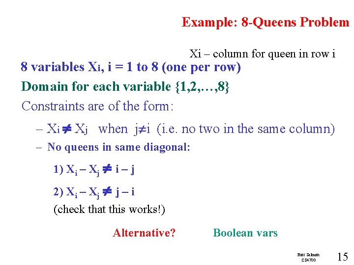 Example: 8 -Queens Problem Xi – column for queen in row i 8 variables