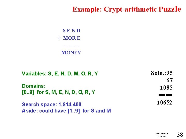 Example: Crypt-arithmetic Puzzle SEND + MOR E -----MONEY Variables: S, E, N, D, M,